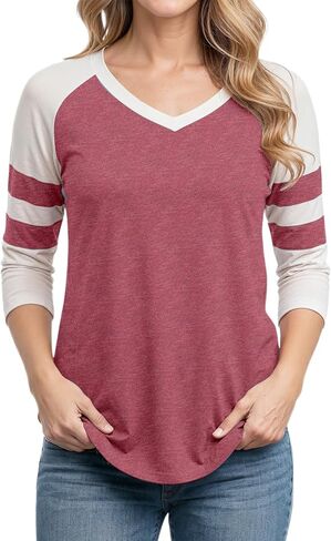 Decrum 3/4 Length Sleeve Womens Tops - Trendy Fashion V Neck Raglan Sleeve Baseball Shirts for Women in Kuwait