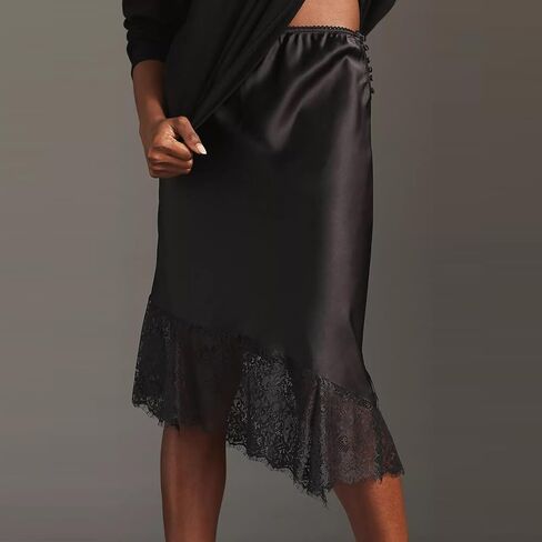 Women Satin Lace Maxi Skirt Lace Trim Silk Half Slip Long Skirts Elastic Waist A Line Asymmetrical Underskirt in Saudi Arabia