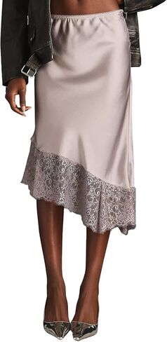 Women Satin Lace Maxi Skirt Lace Trim Silk Half Slip Long Skirts Elastic Waist A Line Asymmetrical Underskirt in Saudi Arabia