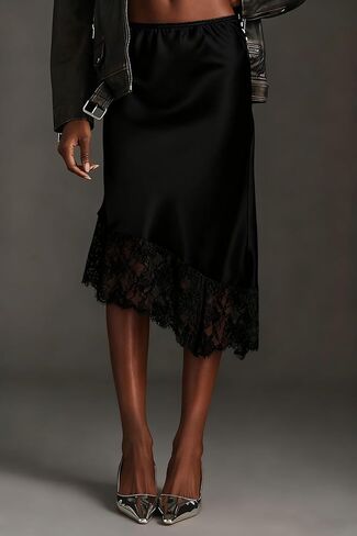 Women Satin Lace Maxi Skirt Lace Trim Silk Half Slip Long Skirts Elastic Waist A Line Asymmetrical Underskirt in Saudi Arabia