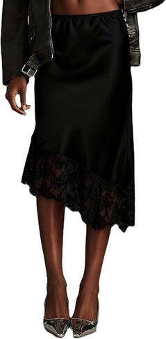 Women Satin Lace Maxi Skirt Lace Trim Silk Half Slip Long Skirts Elastic Waist A Line Asymmetrical Underskirt in Saudi Arabia