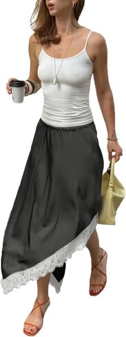 Women Satin Lace Maxi Skirt Lace Trim Silk Half Slip Long Skirts Elastic Waist A Line Asymmetrical Underskirt in Saudi Arabia