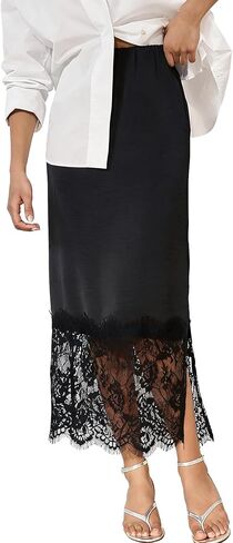 Women Satin Lace Maxi Skirt Lace Trim Silk Half Slip Long Skirts Elastic Waist A Line Asymmetrical Underskirt in Saudi Arabia