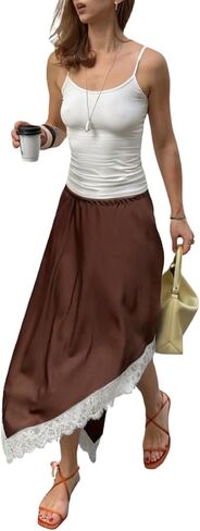 Women Satin Lace Maxi Skirt Lace Trim Silk Half Slip Long Skirts Elastic Waist A Line Asymmetrical Underskirt in Saudi Arabia