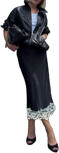 Women Satin Lace Maxi Skirt Lace Trim Silk Half Slip Long Skirts Elastic Waist A Line Asymmetrical Underskirt in Saudi Arabia