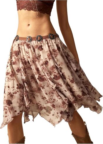 SHENHE Women's Western Boho Flowy Skirt Low Rise Floral Hankerchief Hem Swing Country Skirt in Kuwait