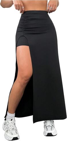 تنانير SHENHE النسائية ذات الشق العالي، تنورة طويلة بفتحة عالية الخصر ومكشكشة على شكل حرف A in Kuwait