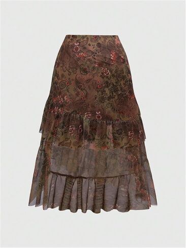 تنورة Y2K بيزلي مكشكشة للنساء، تنورة بوهو عالية ومنخفضة غير متماثلة من شبكة الهبي، تنانير طويلة لراعية البقر الغربية الانسيابية in Kuwait