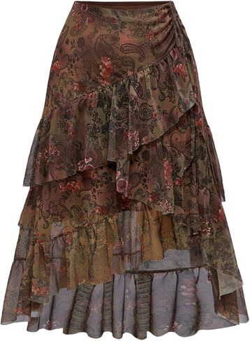 تنورة Y2K بيزلي مكشكشة للنساء، تنورة بوهو عالية ومنخفضة غير متماثلة من شبكة الهبي، تنانير طويلة لراعية البقر الغربية الانسيابية in Kuwait