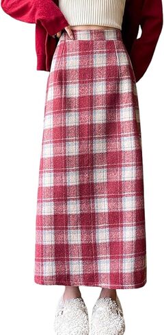 تنورة Chouyatou للسيدات لخريف وشتاء مرنة عالية الخصر منقوشة على شكل حرف A تنورة طويلة من الصوف مع فتحة in Kuwait