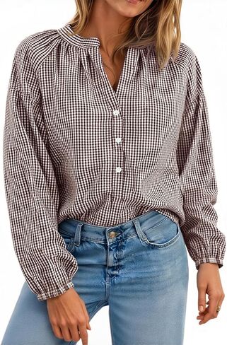 Cicy Bell Womens Puff Long Sleeve Blouse Gingham Pleated V Neck Button Down Shirts Loose Fit Dressy Casual Fall Tops in Saudi Arabia