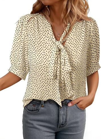 Dokotoo Blouses for Women Dressy Casual Short Sleeve Shirts Bow Tie Neck Work Tops Business Casual Outfits in Saudi Arabia