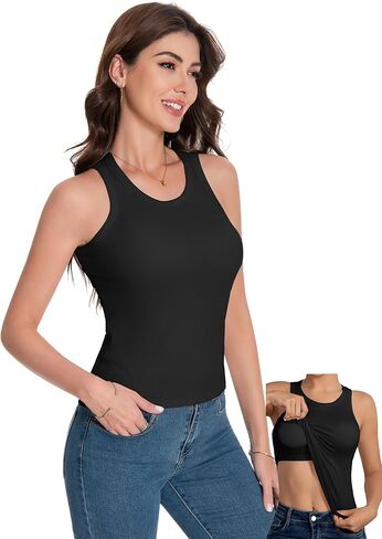 Womens Tank Top Sleeveless - Built-in Bra Ribbed Racerback Crew Neck Slim Fitted Casual Basic Tops Cami Shirt in Saudi Arabia