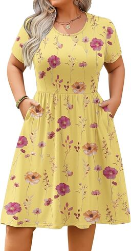IN'VOLAND Womens Plus Size Summer Dress Short Sleeve Casual Mini Dresses Empire Waist T-Shirt Dress with Pockets in Kuwait