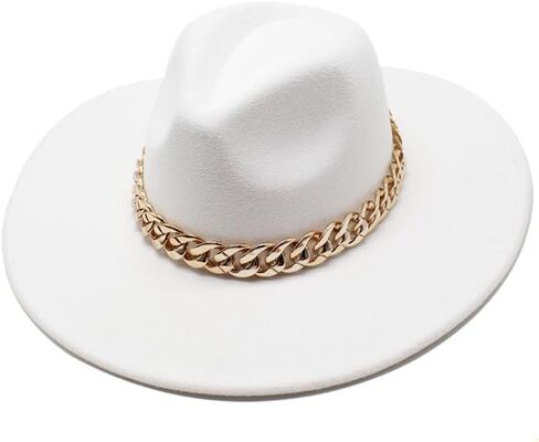 Wide Brim Wool Fedora Hat with Chain Band, Beige, Gold Accent, Classic Style in Kuwait