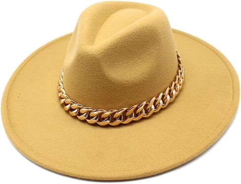 Wide Brim Wool Fedora Hat with Chain Band, Beige, Gold Accent, Classic Style in Kuwait