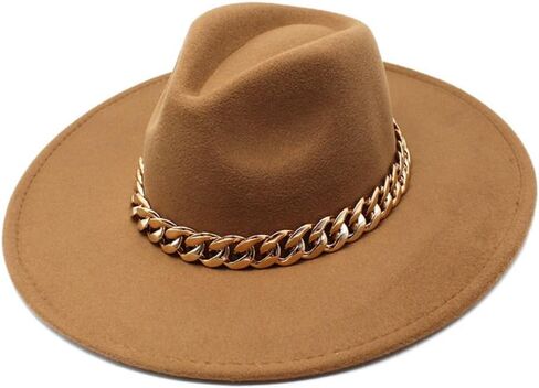Wide Brim Wool Fedora Hat with Chain Band, Beige, Gold Accent, Classic Style in Kuwait