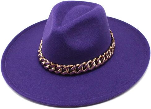 Wide Brim Wool Fedora Hat with Chain Band, Beige, Gold Accent, Classic Style in Kuwait