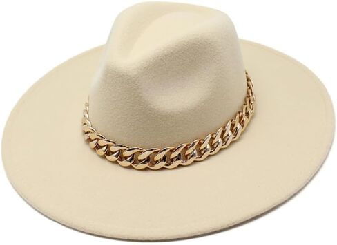 Wide Brim Wool Fedora Hat with Chain Band, Beige, Gold Accent, Classic Style in Kuwait