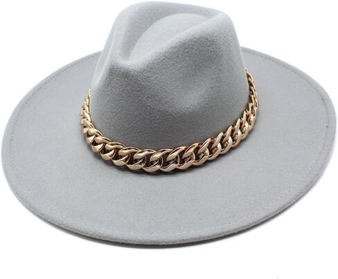 Wide Brim Wool Fedora Hat with Chain Band, Beige, Gold Accent, Classic Style in Kuwait