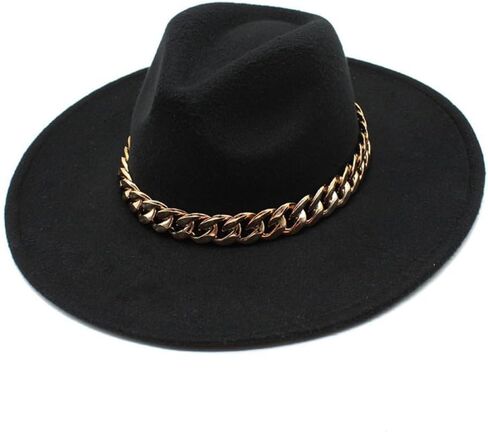 Wide Brim Wool Fedora Hat with Chain Band, Beige, Gold Accent, Classic Style in Kuwait