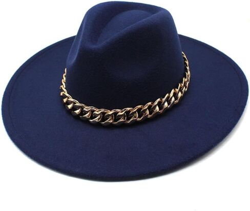 Wide Brim Wool Fedora Hat with Chain Band, Beige, Gold Accent, Classic Style in Kuwait