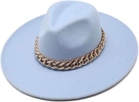 Wide Brim Wool Fedora Hat with Chain Band, Beige, Gold Accent, Classic Style in Kuwait