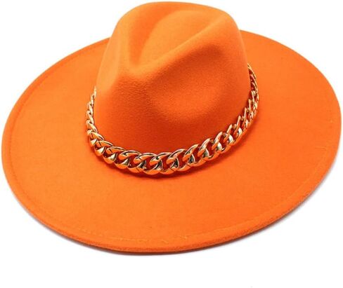 Wide Brim Wool Fedora Hat with Chain Band, Beige, Gold Accent, Classic Style in Kuwait