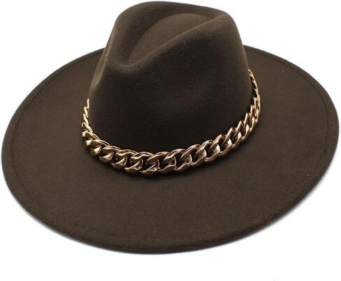 Wide Brim Wool Fedora Hat with Chain Band, Beige, Gold Accent, Classic Style in Kuwait