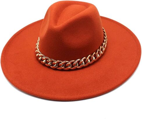 Wide Brim Wool Fedora Hat with Chain Band, Beige, Gold Accent, Classic Style in Kuwait