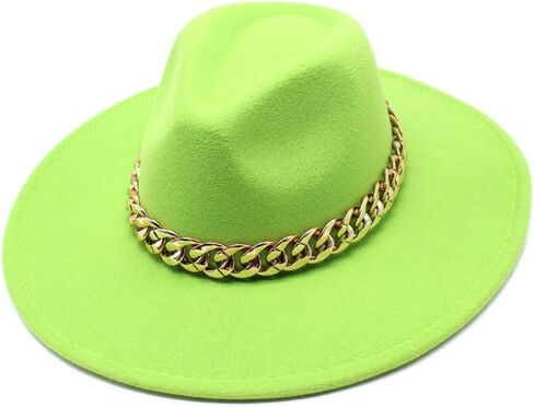 Wide Brim Wool Fedora Hat with Chain Band, Beige, Gold Accent, Classic Style in Kuwait