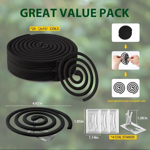 KICKOUTOR® Mosquito Repellent Coils, Each DEET Free Citronella Incense Burns for 5-7 Hours, Keep Flying Bugs Away from Outdoor Patio Camping Backyard Room (20 Coils & 4 Stands) in Kuwait