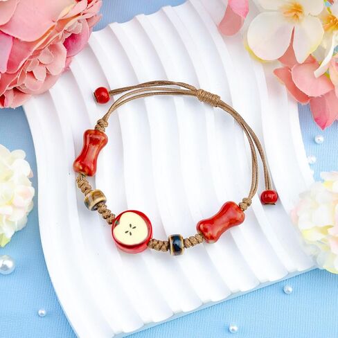 Apple Jewelry for Women Ceramic Jewelry Apple Bracelet for Girlfriend Mom Adjustable Rope Bracelet Apples Themed Gifts Woven Bracelets Red Stylish Accessories for Women Birthday Christmas Gifts in Kuwait