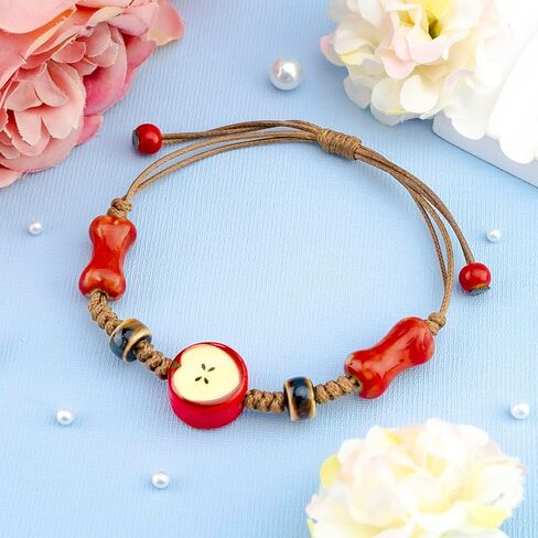 Apple Jewelry for Women Ceramic Jewelry Apple Bracelet for Girlfriend Mom Adjustable Rope Bracelet Apples Themed Gifts Woven Bracelets Red Stylish Accessories for Women Birthday Christmas Gifts in Kuwait