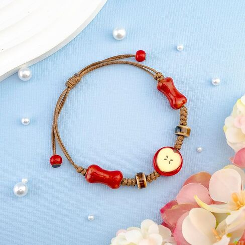 Apple Jewelry for Women Ceramic Jewelry Apple Bracelet for Girlfriend Mom Adjustable Rope Bracelet Apples Themed Gifts Woven Bracelets Red Stylish Accessories for Women Birthday Christmas Gifts in Kuwait