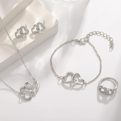 4-Piece Heart Jewelry Set for Women: Necklace, Bracelet, Earrings, Ring | Everyday Fashion Gift in Saudi Arabia