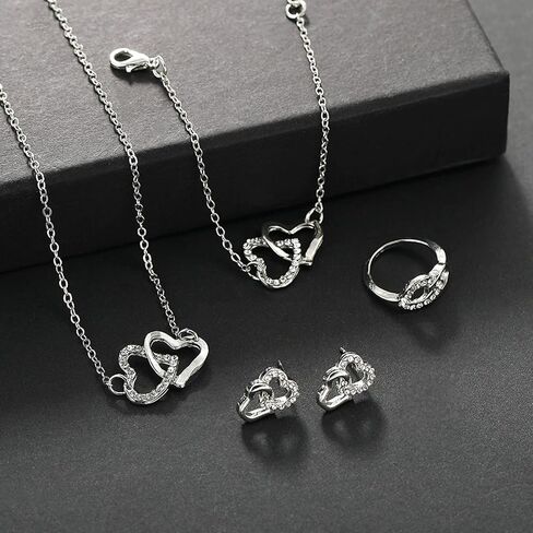 4-Piece Heart Jewelry Set for Women: Necklace, Bracelet, Earrings, Ring | Everyday Fashion Gift in Saudi Arabia