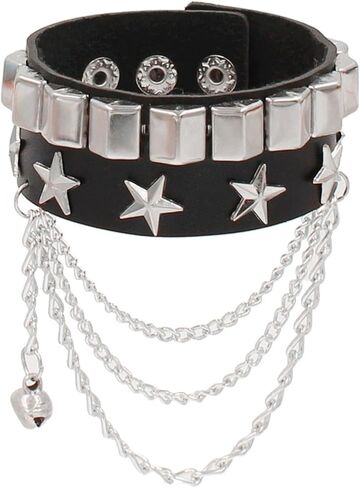 Punk Studded Leather Bracelet, Adjustable Star Rock Cuff Wristband for Men Women Biker Outfits 80s Goth Emo in Kuwait