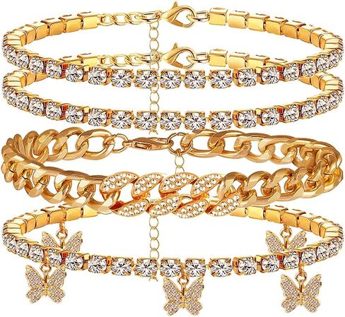 Layered Butterfly Anklet for Women Charms Butterfly Gold Silver Rhinestone Cuban Anklets Adjustable Anklet for Summer Beach in Kuwait