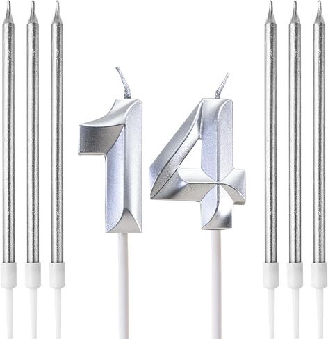 Birthday Candles, Number Candle for Cake Birthday Candle, Number 3D Designed Wedding Anniversary Party Cake Decorations, 6-Count Long Thin Birthday Candles, Unscented, Silver (Silver, 14) in Saudi Arabia