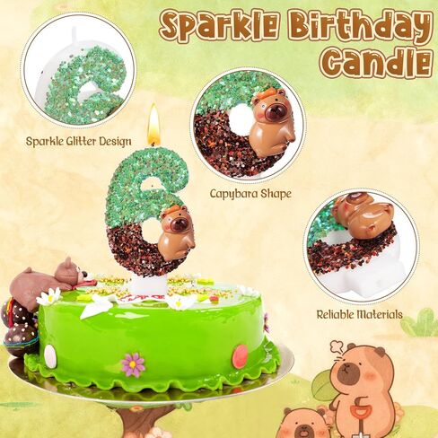 Lounsweer Capybara Sparkle Number 6 Birthday Candle for Cake, Green and Blue Glitter Number Candle with Sequins Capybara Cake Topper Decorations for Party Wedding Anniversary Celebrations Supplies in Saudi Arabia