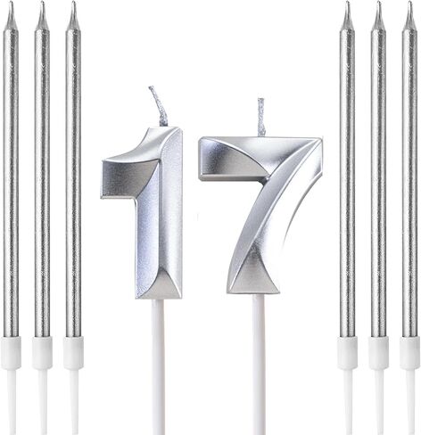 Birthday Candles, Number Candle for Cake Birthday Candle, Number 3D Designed Wedding Anniversary Party Cake Decorations, 6-Count Long Thin Birthday Candles, Unscented, Silver (Silver, 14) in Saudi Arabia