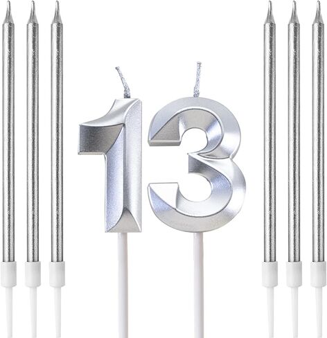 Birthday Candles, Number Candle for Cake Birthday Candle, Number 3D Designed Wedding Anniversary Party Cake Decorations, 6-Count Long Thin Birthday Candles, Unscented, Silver (Silver, 14) in Saudi Arabia