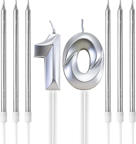 Birthday Candles, Number Candle for Cake Birthday Candle, Number 3D Designed Wedding Anniversary Party Cake Decorations, 6-Count Long Thin Birthday Candles, Unscented, Silver (Silver, 14) in Saudi Arabia