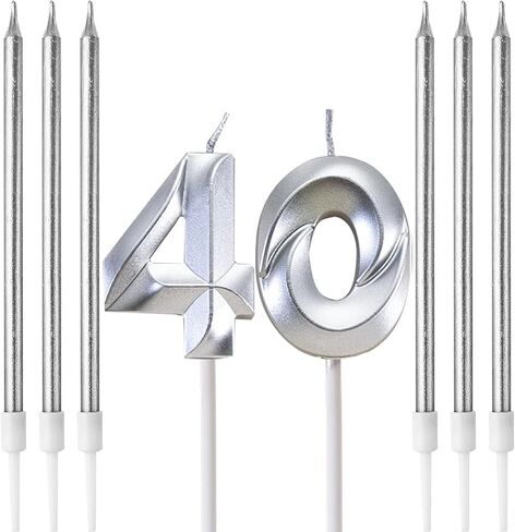 Birthday Candles, Number Candle for Cake Birthday Candle, Number 3D Designed Wedding Anniversary Party Cake Decorations, 6-Count Long Thin Birthday Candles, Unscented, Silver (Silver, 14) in Saudi Arabia