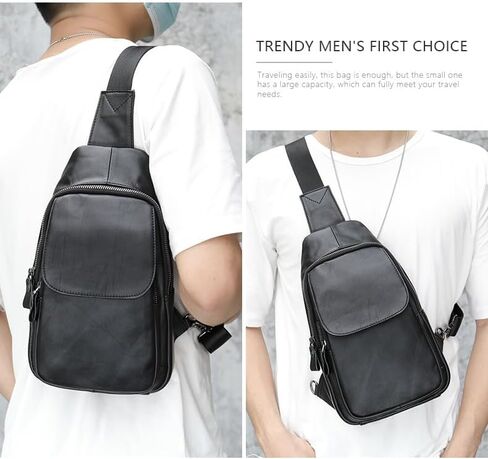 Genuine Leather Crossbody Sling Backpack for Men Multipurpose Chest Bag Adjustable Strap Flip Black Travel Daypack (Flip-black) in Kuwait