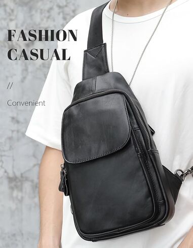 Genuine Leather Crossbody Sling Backpack for Men Multipurpose Chest Bag Adjustable Strap Flip Black Travel Daypack (Flip-black) in Kuwait