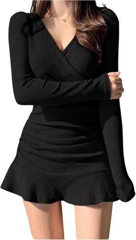 SHENHE Women's Corset Ruched Full Sleeves Mini Sweater Dress Slim Fit Deep V Neck Ribbed Fall Dresses 2025 in Saudi Arabia