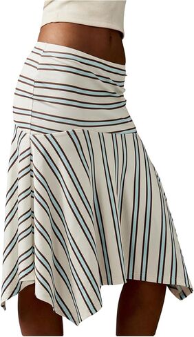 تنورة نسائية مخططة بخصر منخفض من Milumia متوسطة الطول مكشكشة غير متماثلة بطول الركبة in Kuwait