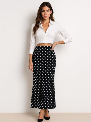 Womens Polka Dot Maxi Skirt Elegant High Waist Bodycon Long Skirts Casual Trendy in Saudi Arabia
